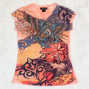 Studded Tie Dye Women's Shirt Orange Short Sleeve with Rhinestone Eagle Design